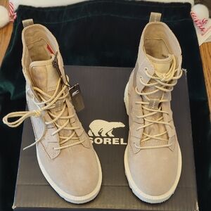 💥🤎🥾NIB Womens Sorel Light Beige Lace-Up Ankle Moto waterproof Boots sz5🥾🤎💥